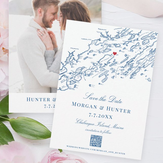 Chebeague Island Maine Eleganter QR-Code Save The Date (These Chebeague Island Map Save the Dates are perfect for your Chebeague Island Inn wedding)