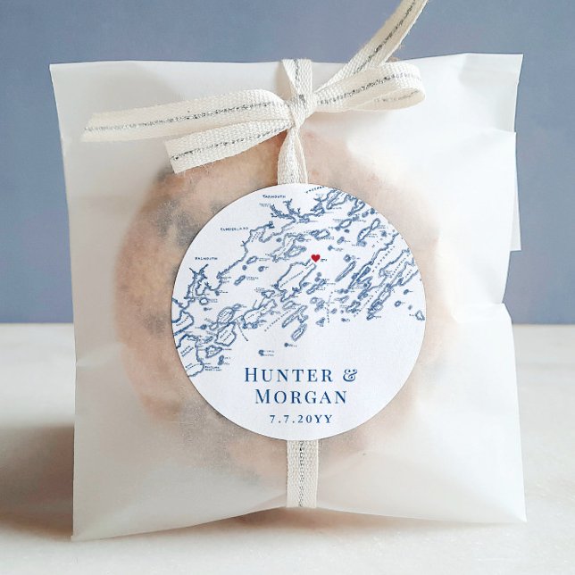 Chebeague Island Maine Karte Gastgeschenk Hochzeit Runder Aufkleber (These Chebeaugue Island Wedding Favor Stickers are perfect for your casco bay destination wedding)