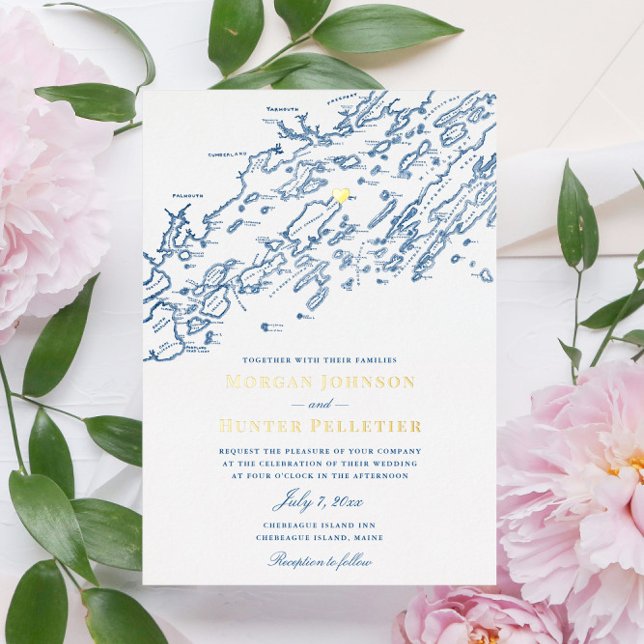 Chebeague Island Maine Wedding Elegant Gold Folieneinladung (These Chebeague Island wedding invitations are perfect for your navy and gold destination wedding)