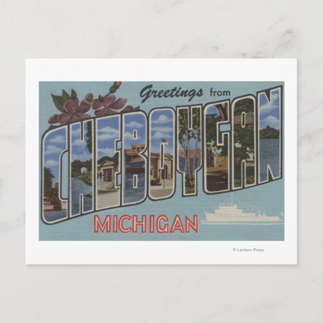 Cheboygan, Michigan - Große Buchstabenszenen Postkarte (Vorderseite)