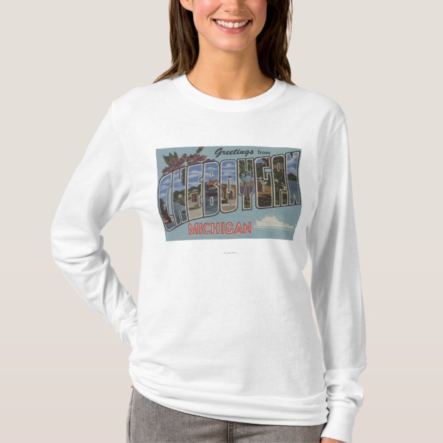Cheboygan, Michigan - Große Buchstabenszenen T-Shirt (Vorderseite)