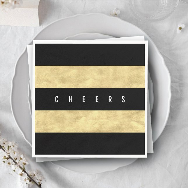 Chec Chic Gold Foil Black Stripes Holiday Party Serviette (Cheers Chic Gold Foil Black Stripes Holiday Party Paper Napkins @ fat_fa_tin)