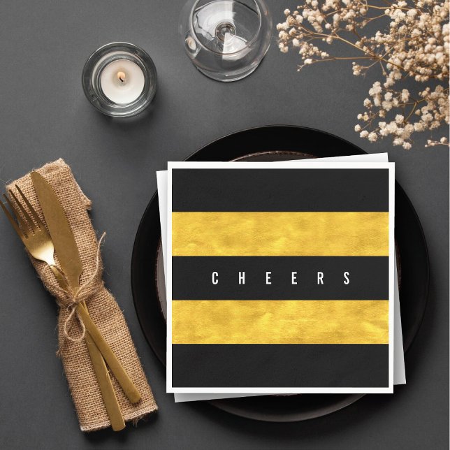 Chec Chic Gold Foil Black Stripes Holiday Party Serviette (Cheers Chic Gold Foil Black Stripes Holiday Party Paper Napkins @ fat_fa_tin)