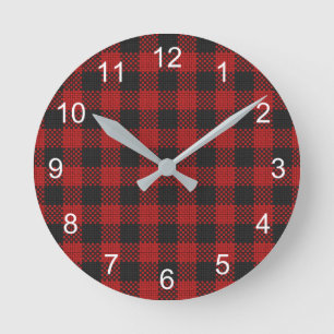 Check Buffalo Plaid Pattern Rustic Red Black Runde Wanduhr