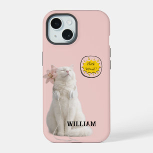 CHECK MEO Weiße Katze mit Kopfhörern – Personalisi iPhone 15 Hülle