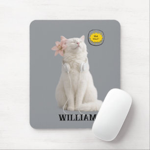 CHECK MEO Weiße Katze mit Kopfhörern – Personalisi Mousepad