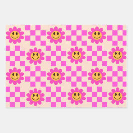 Checked Hot Pink Lächeln Blume mit Quadraten Geschenkpapier Set