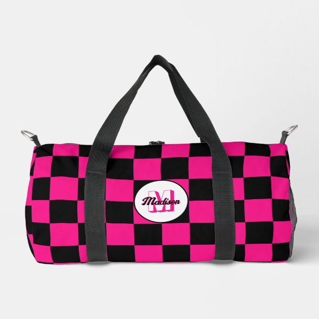 Checked Hot rosa Schwarzes geometrisches Retro Mon Duffle Bag (Vorderseite)