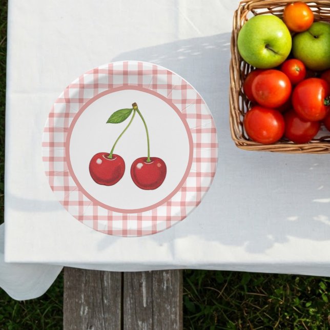 Checked Paper Plates with Cherries for Parties Pappteller (Von Creator hochgeladen)