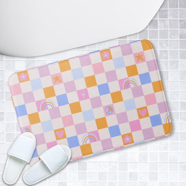 Checked Rainbow Boho Peace Liebe Bath Mat Badematte (Checkered Rainbow Boho Peace Love Bath Mat)