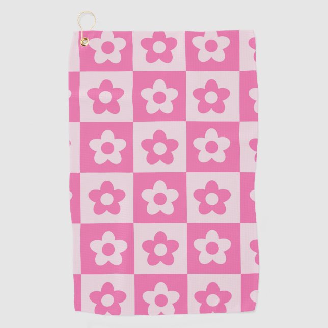 Checked Retro Blume Hot Rosa und Weiß Golfhandtuch (Vorderseite)