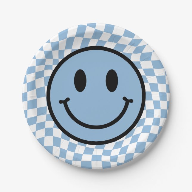 Checked Wavy Blue Preppy Smile Birthday Pappteller (Vorderseite)