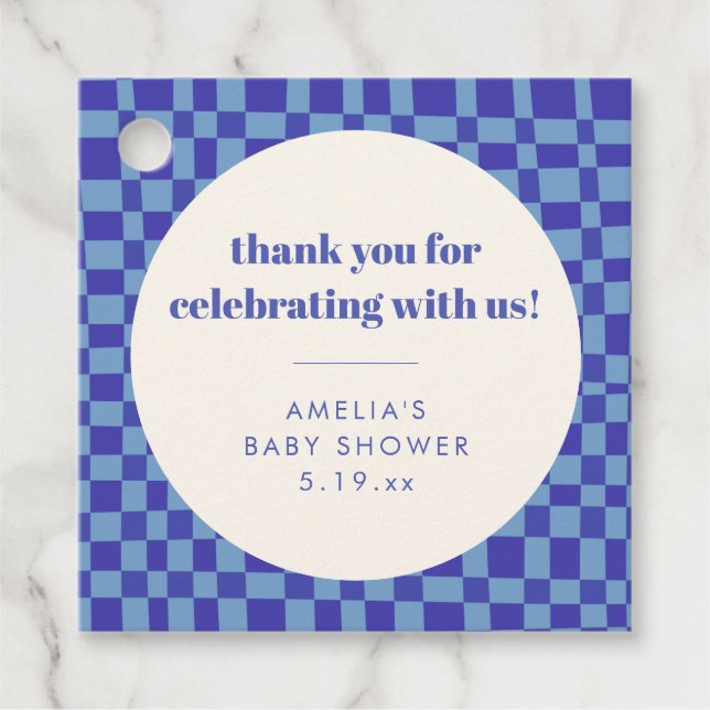 Checkerboard Blue Custom Baby Shower Thank You Geschenkanhänger (Vorderseite)