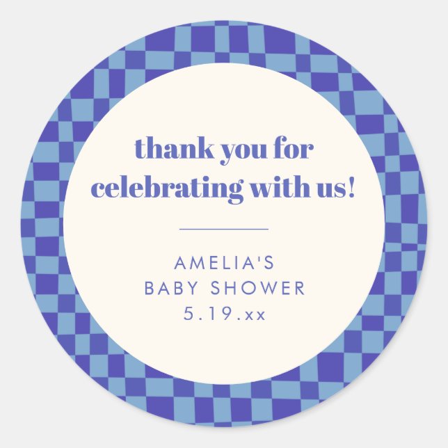 Checkerboard Blue Custom Baby Shower Thank You Runder Aufkleber (Vorderseite)