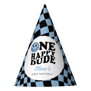 Checkered Blue Happy Smile 1. Geburtstag Custom Partyhütchen