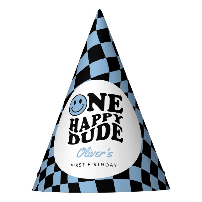 Checkered Blue Happy Smile 1. Geburtstag Custom Partyhütchen (Vorderseite)