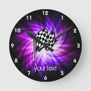 Checkered Flag; purple Runde Wanduhr