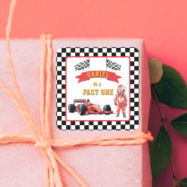 Checkered Flag Race Car Fast One Birthday Quadratischer Aufkleber