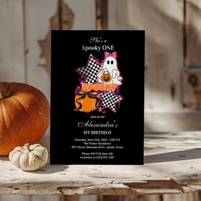 Checkered Ghost Halloween 1st Birthday Einladung (Von Creator hochgeladen)