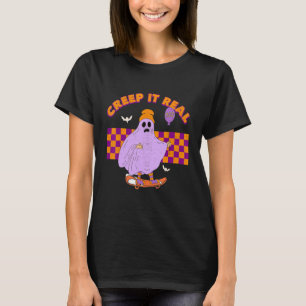Checkered Ghost Skateboard Creep It Real Halloween T-Shirt