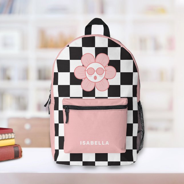 Checkered Girl School Backpack Bedruckter Rucksack (Trendy Checkered Personalized Backpack. Pink cool Daisy with black and white checkers. )