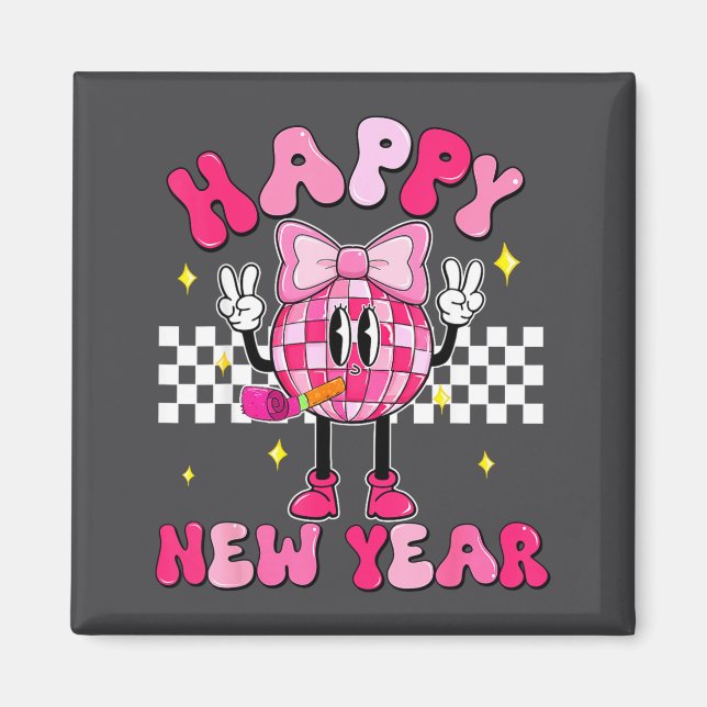 Checkered Happy New Year 2026 Disco Ball New Year  Magnet (Vorne)