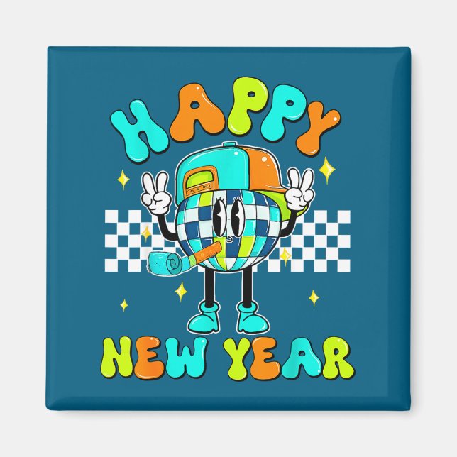 Checkered Happy New Year 2026 Disco Ball New Year  Magnet (Vorne)