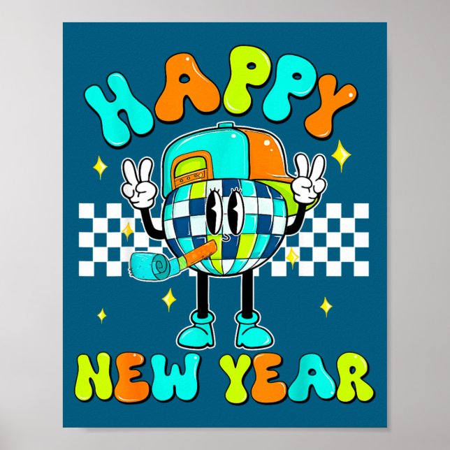 Checkered Happy New Year 2026 Disco Ball New Year  Poster (Vorne)