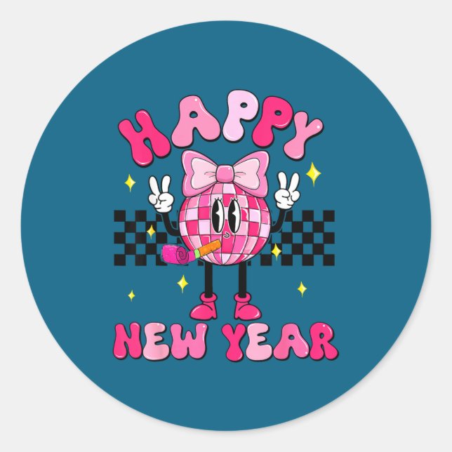 Checkered Happy New Year 2026 Disco Ball New Year  Runder Aufkleber (Vorderseite)
