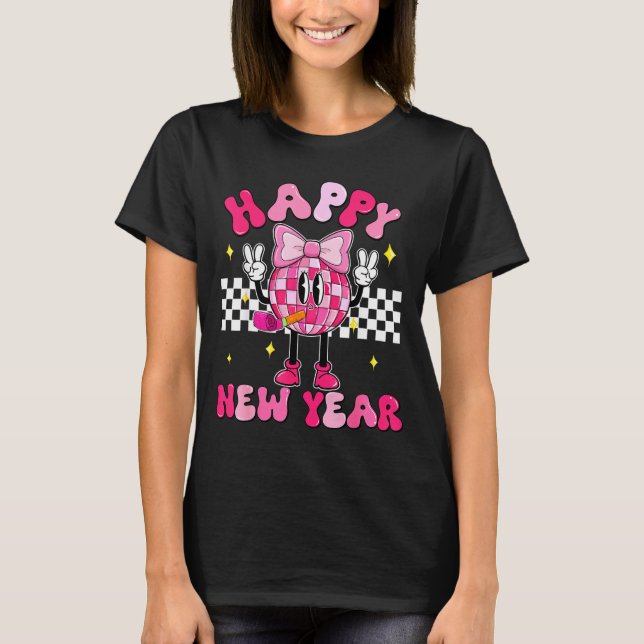 Checkered Happy New Year 2026 Disco Ball New Year  T-Shirt (Vorderseite)