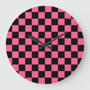 Checkered Hot Pink and Black Große Wanduhr