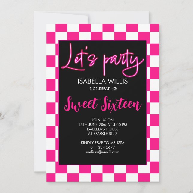 Checkered hot pink black retro Lets party Sweet 16 Einladung (Vorderseite)