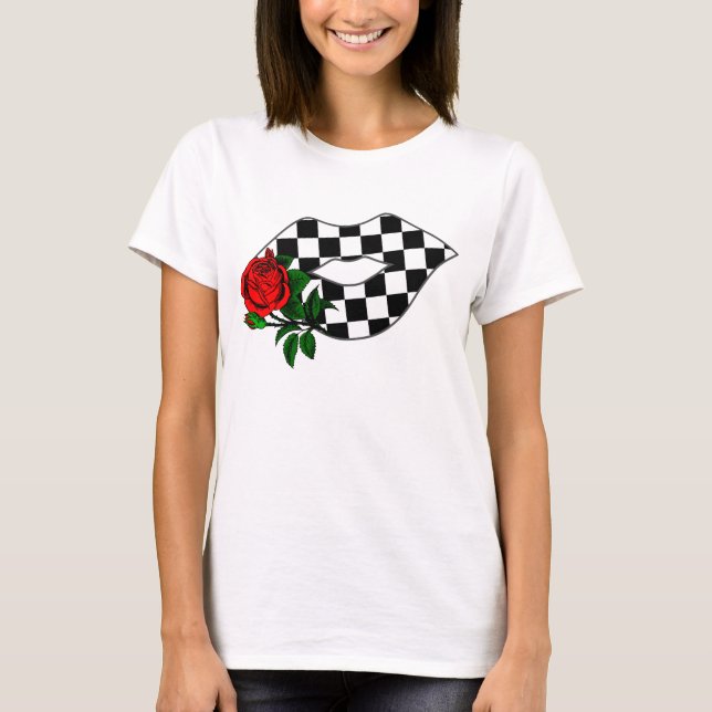 Checkered Lippenkuss-Rote Rose T-Shirt (Vorderseite)