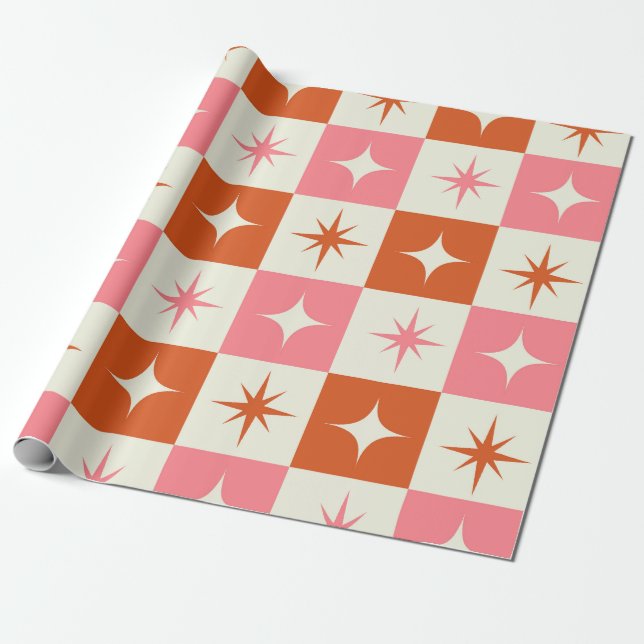 Checkered Mid Century Atomic Stars Pink Orange  Geschenkpapier (Ungerollt)