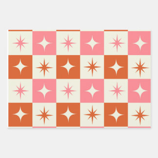 Checkered Mid Century Atomic Stars Pink Orange  Geschenkpapier Set