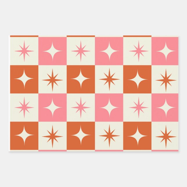 Checkered Mid Century Atomic Stars Pink Orange  Geschenkpapier Set (Vorderseite)