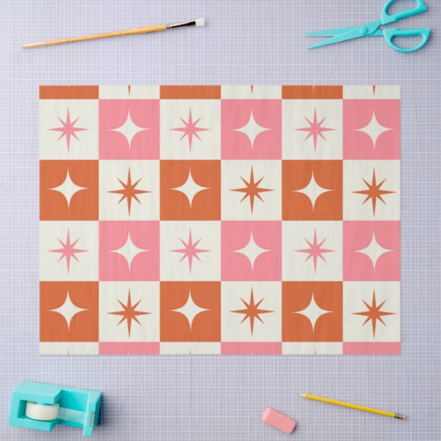 Checkered Mid Century Atomic Stars Pink Orange  Seidenpapier (Basteln)