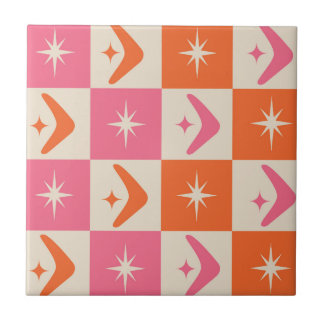 Checkered Mid Century Boomerangs pink and orange Fliese