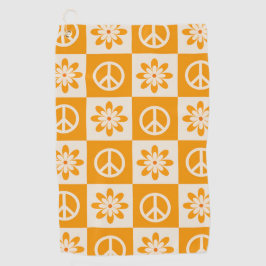 Checkered Orange Groovy Flowers and Peace Signs  Golfhandtuch