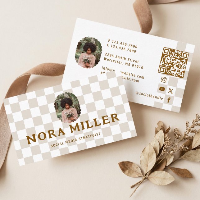 Checkered Pattern Social Media Influencer Photo QR Visitenkarte (Checkered Pattern Social Media Influencer Photo QR Business Card)