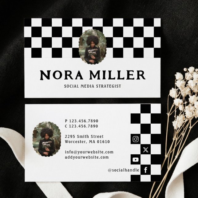 Checkered Pattern Social Media Influencer Photo Visitenkarte (Checkered Pattern Social Media Influencer Photo Business Card)