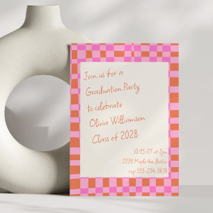 Checkered Rosa Orange Script Fun Graduation Party Einladung