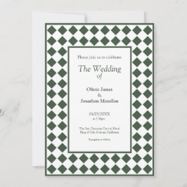 Checkered Simple Modern Dark Green Wedding Einladung