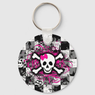 Checkered Skull With Hot Pink Splatter Schlüsselanhänger
