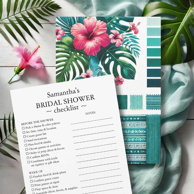 Checkliste für Brautparty und Stilhandbuch tropisc Einladung (Bridal shower planning checklist tropical theme by Victoria Grigaliunas of Do Tell A Belle)