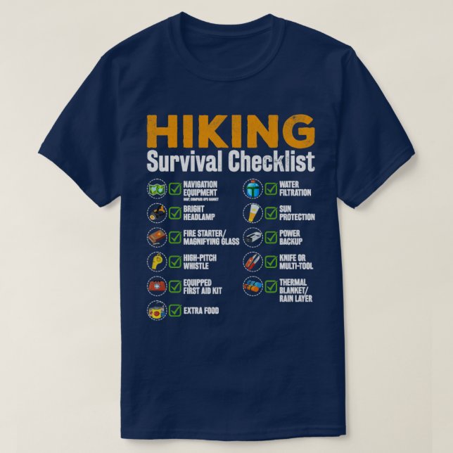 Checkliste für Wanderungen Überleben T-Shirt (Design vorne)