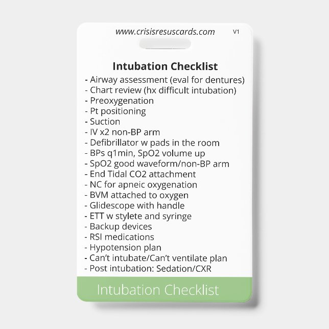 Checklisten für Intubation und Sedation Ausweis (Vorderseite)