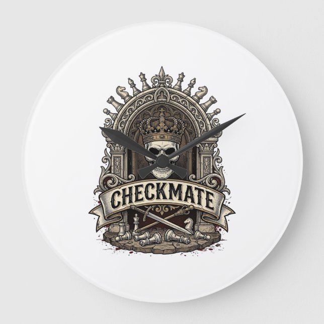 Checkmate Skull King Vintage Schach Große Wanduhr (Vorderseite)