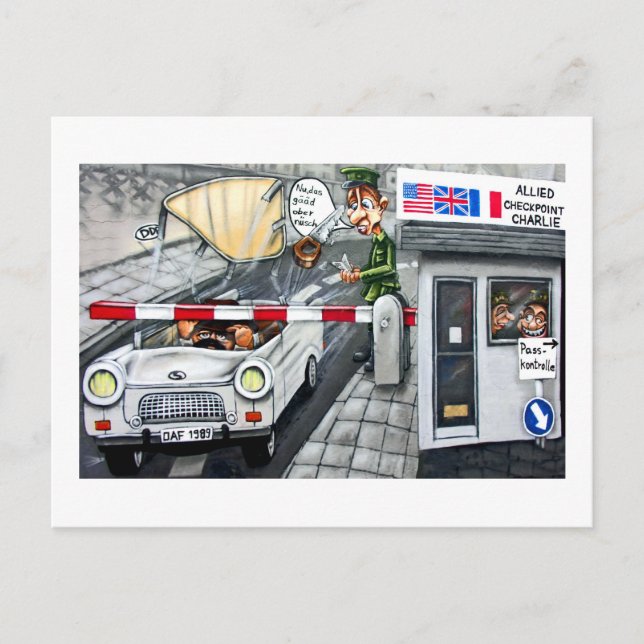 Checkpoint Charlie, Berlin, Cartoon Postkarte (Vorderseite)