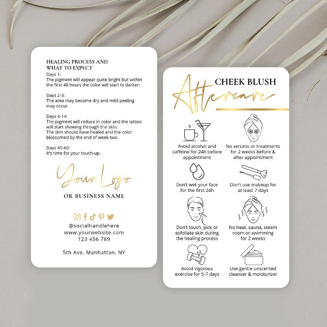 Cheek Blush Care Instructions Metallic Gold PMU Visitenkarte (Trendy & chic Cheek Blush Aftercare instructions cards with faux gold effects & space for your logo)